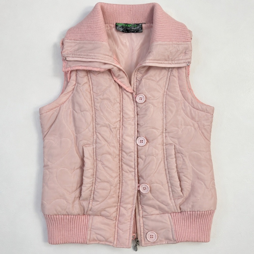Vtg 80s Step Up Pink Heart Quilted Puffer Vest Ribbed Collar Whimsical S Pastel